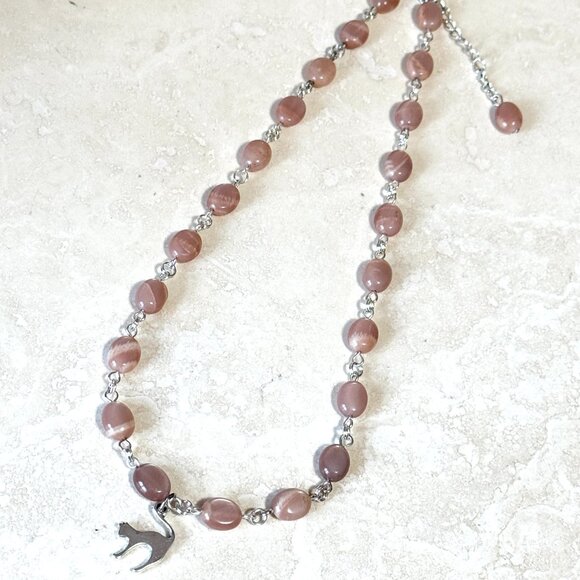 Peach Moonstone Adjustable Choker, Cute Slim Cat Pendant + Genuine Gemstone - Picture 7 of 15